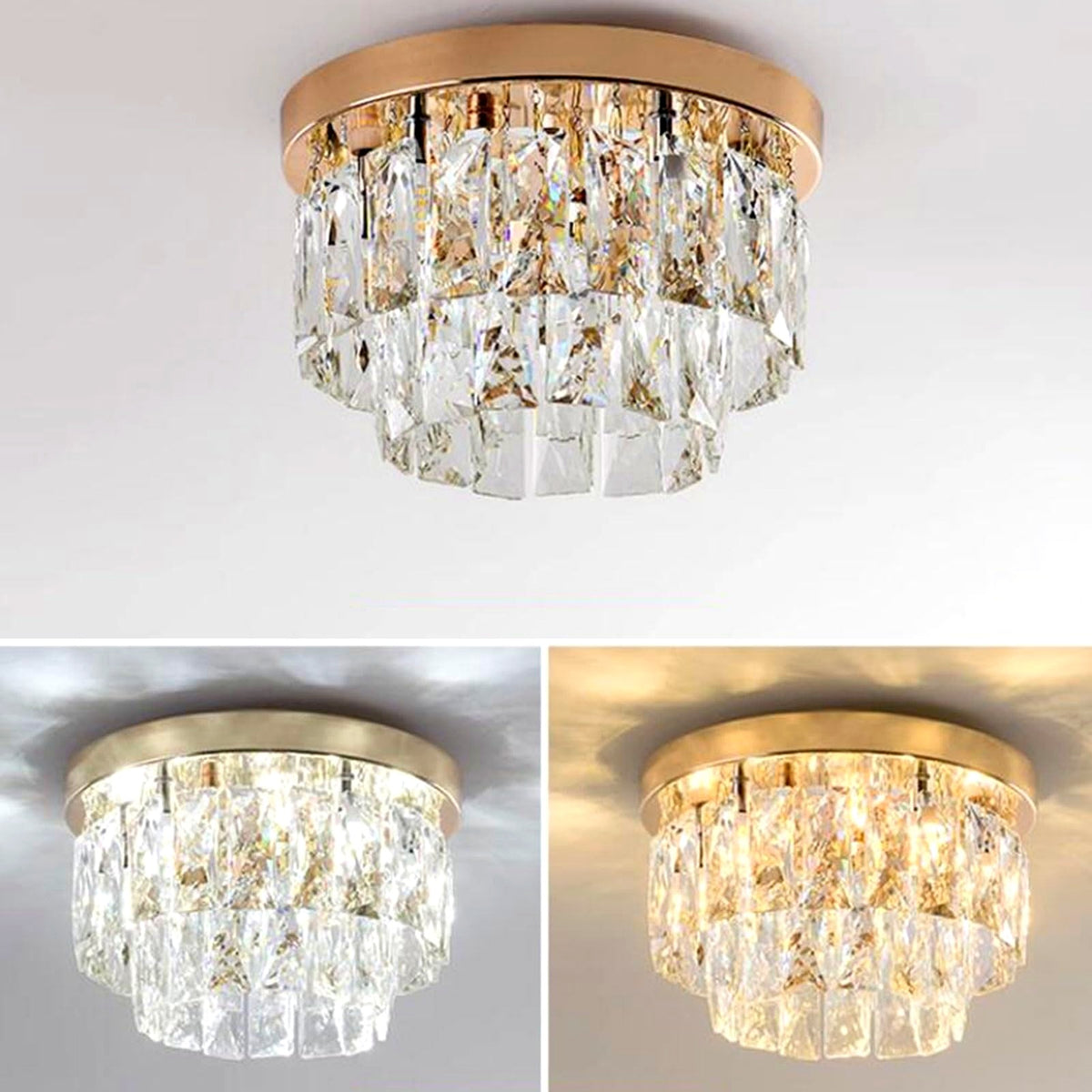 Luminaire rond doré fixé au plafond dans un salon